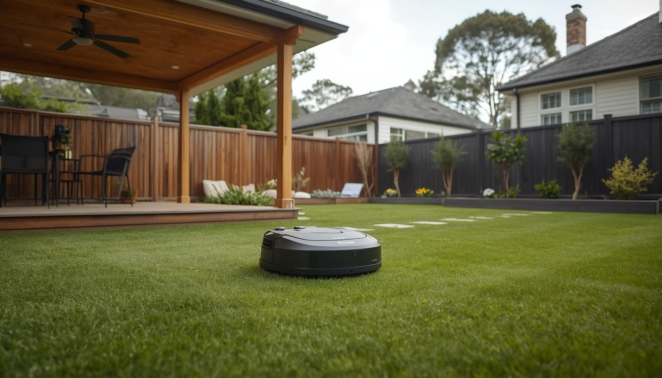 How Do Wire-Free Robot Mowers Work? 2 Wire-free robot mower cutting a suburban lawn using smart navigation