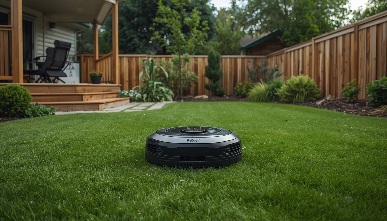 Do You Need a Base Station for an RTK Robot Mower? 2 RTK robot mower working with a base station in a backyard