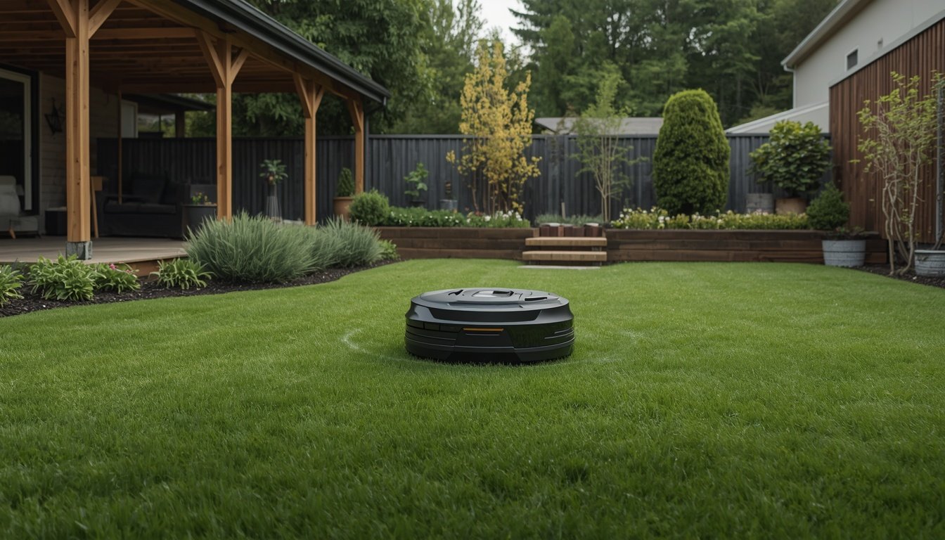 RTK robot mower working under trees in a shaded lawn