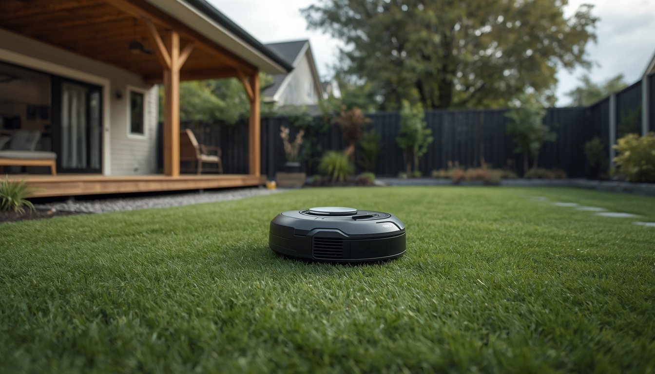 Robot mower on a large lawn showing different mowing zones