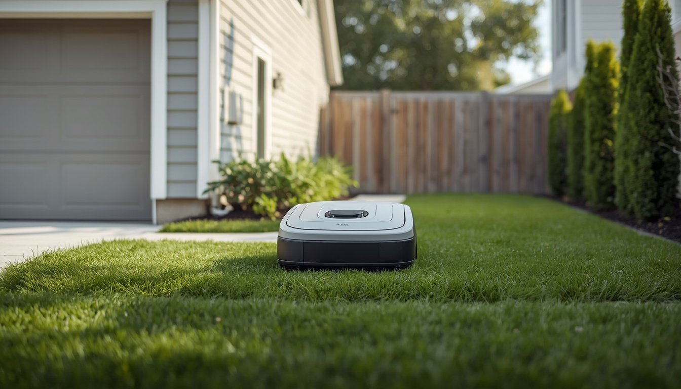 Can Robot Mowers Handle Narrow Passages? 2 Robot mower navigating a narrow grass passage between garden beds