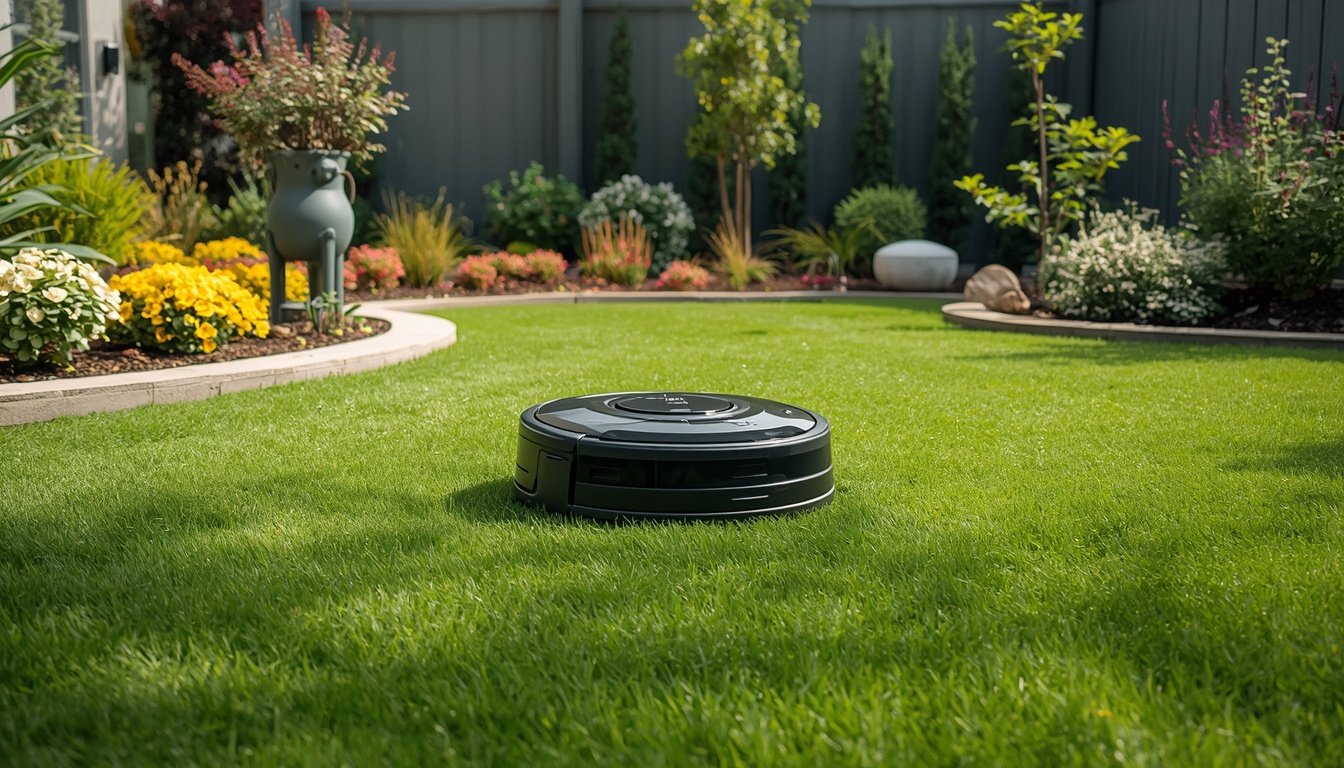 Do Robot Lawn Mowers Cut in Straight Lines? 2 Robot lawn mower cutting straight lines across a backyard lawn