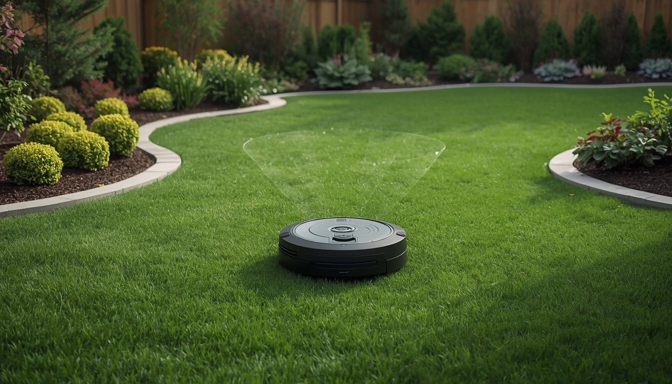 Robot mower avoiding a dog toy on the lawn