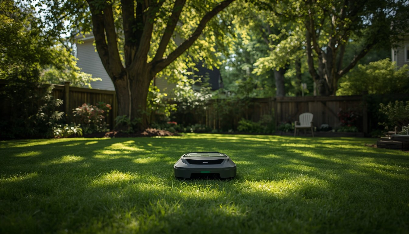 Robot lawn mower in a front yard with home security nearby