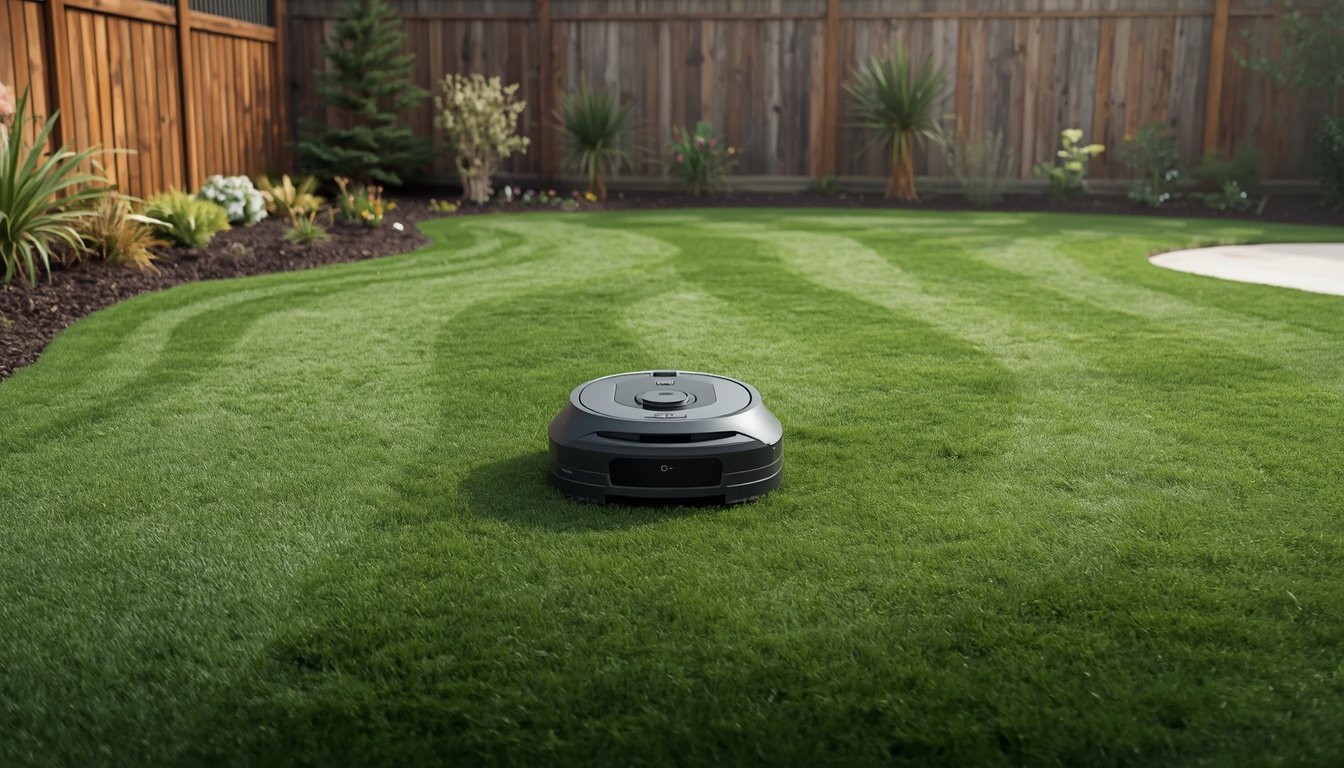 Robot lawn mower cutting grass with fallen leaves on the lawn