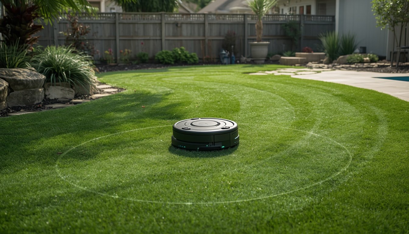 Do Robot Mowers Handle Twigs and Bark? 2 Robot mower approaching twigs and bark on a shaded lawn