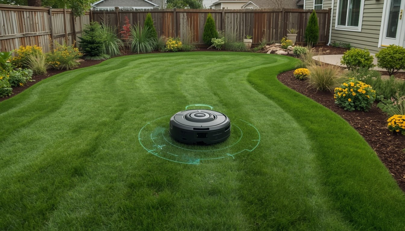 Robot mower beside uncut strips of grass on a lawn