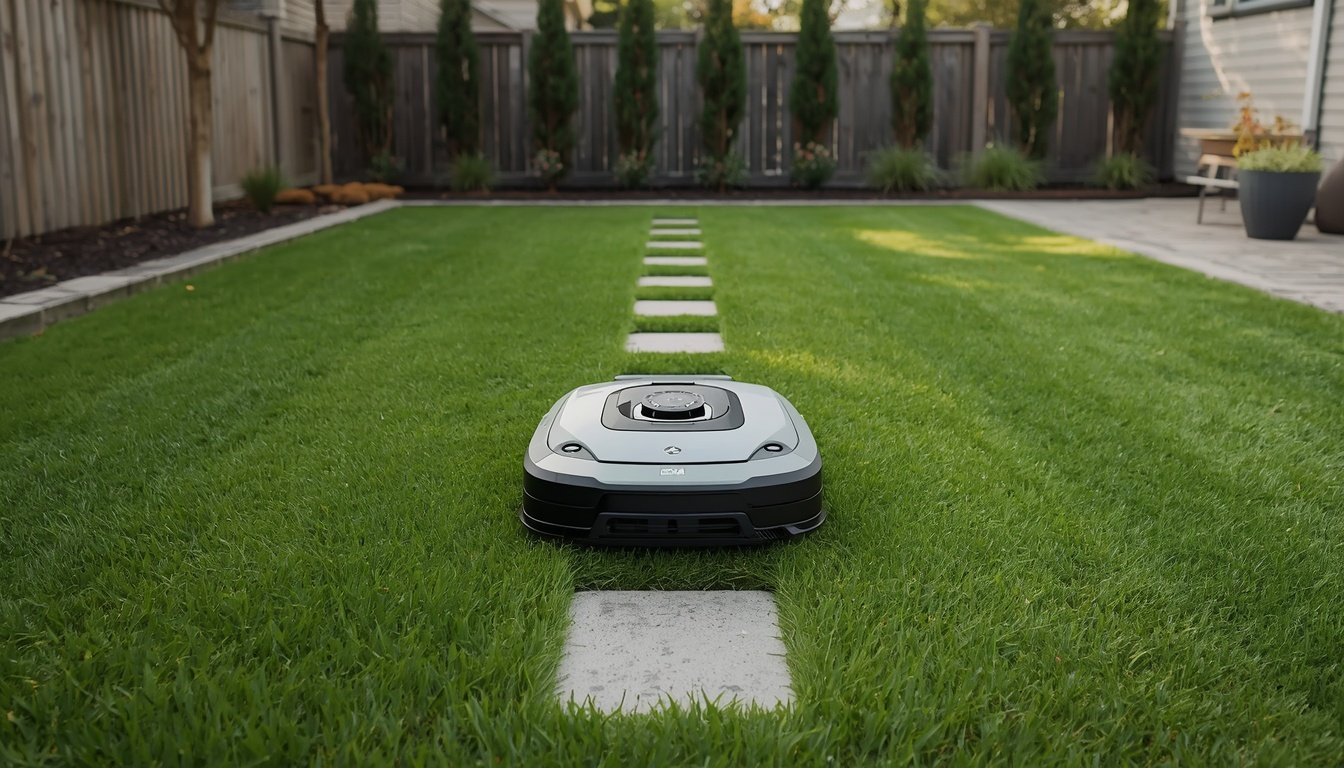 Reliable wire-free robot mower cutting a suburban backyard lawn