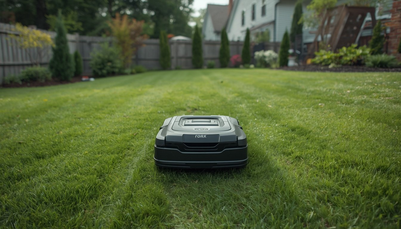 Robot lawn mower climbing a sloped backyard lawn