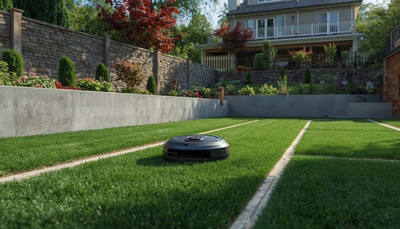 How to Protect a Robot Lawn Mower From Theft 2 Robot lawn mower secured near a locked gate and security camera