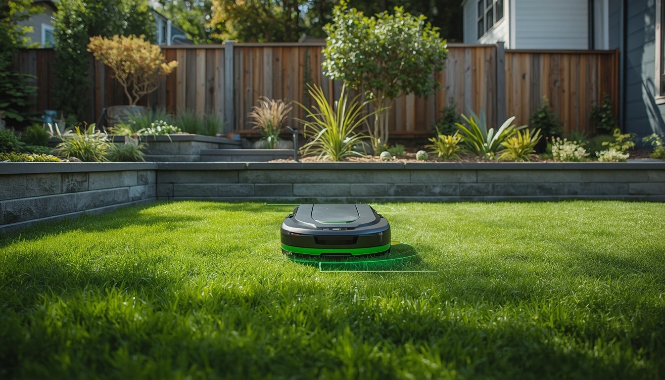 Homeowner reviewing robot lawn mower cost on a tablet