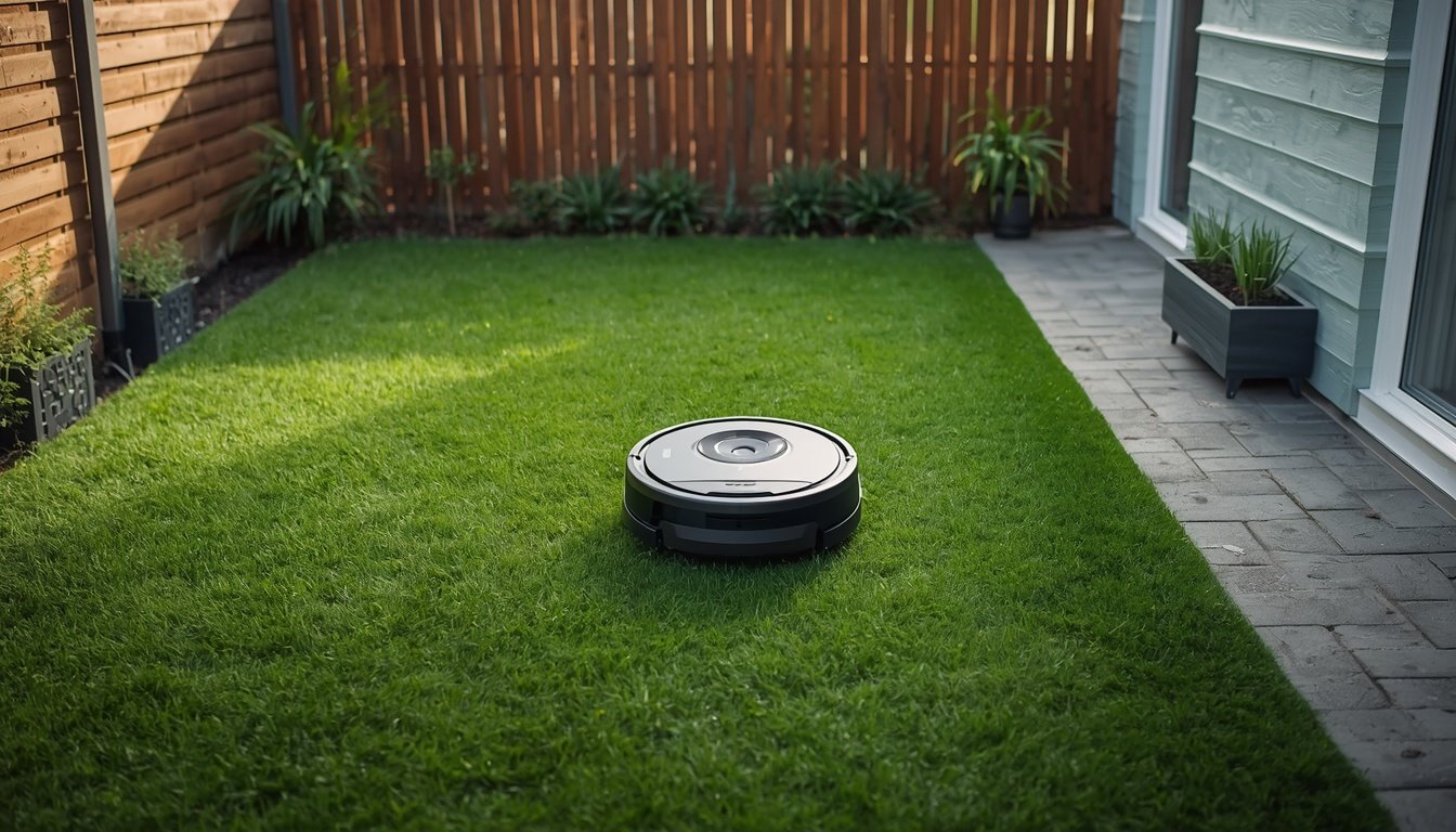 LiDAR robot lawn mower scanning trees and obstacles in a backyard