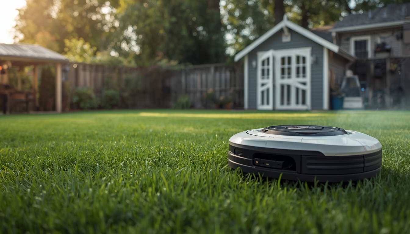 Are Robot Lawn Mowers Safe Around Pets? 2 Robot lawn mower safely paused near a dog in a backyard