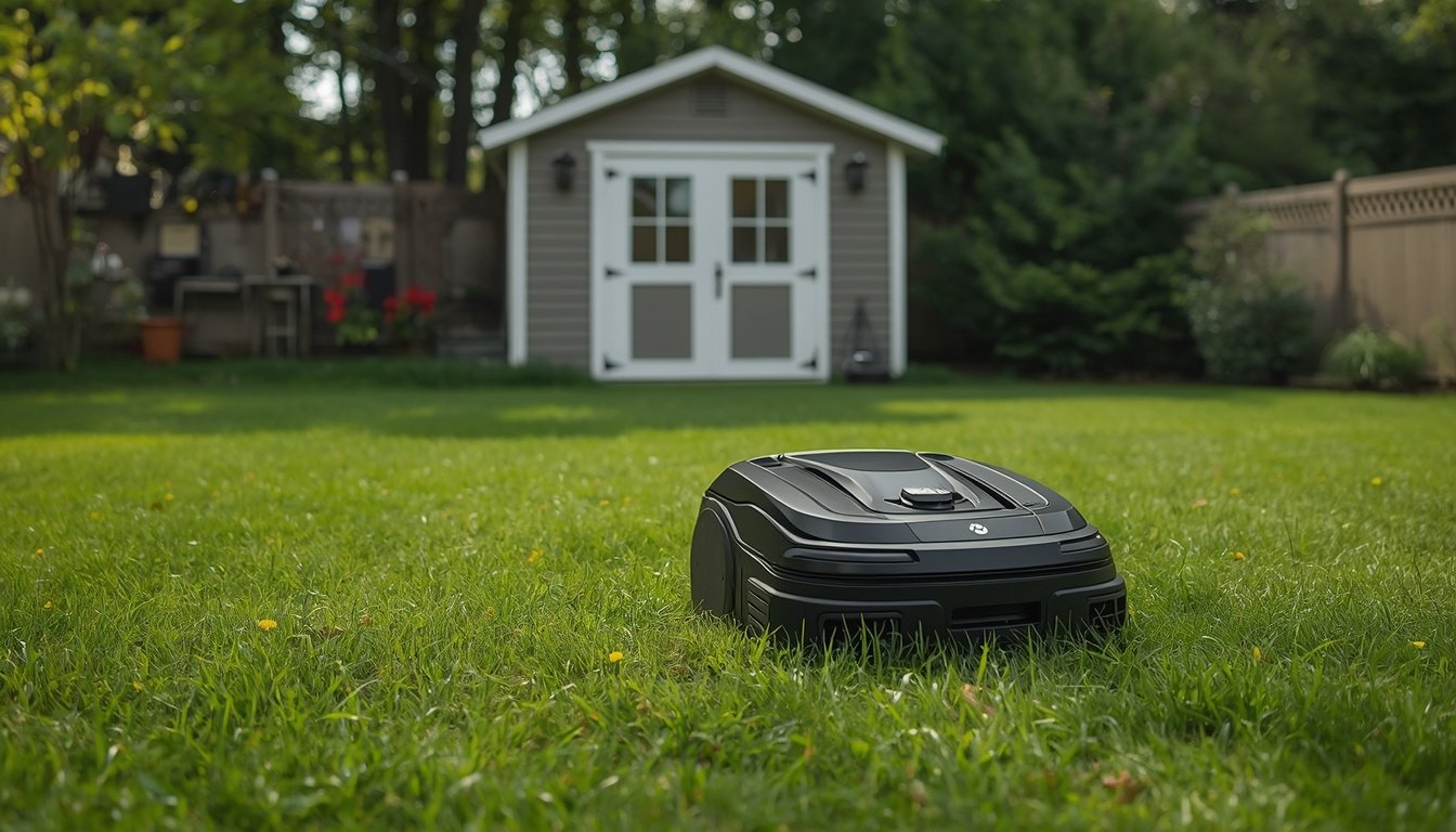 Robot lawn mower on wet grass with water droplets after rain