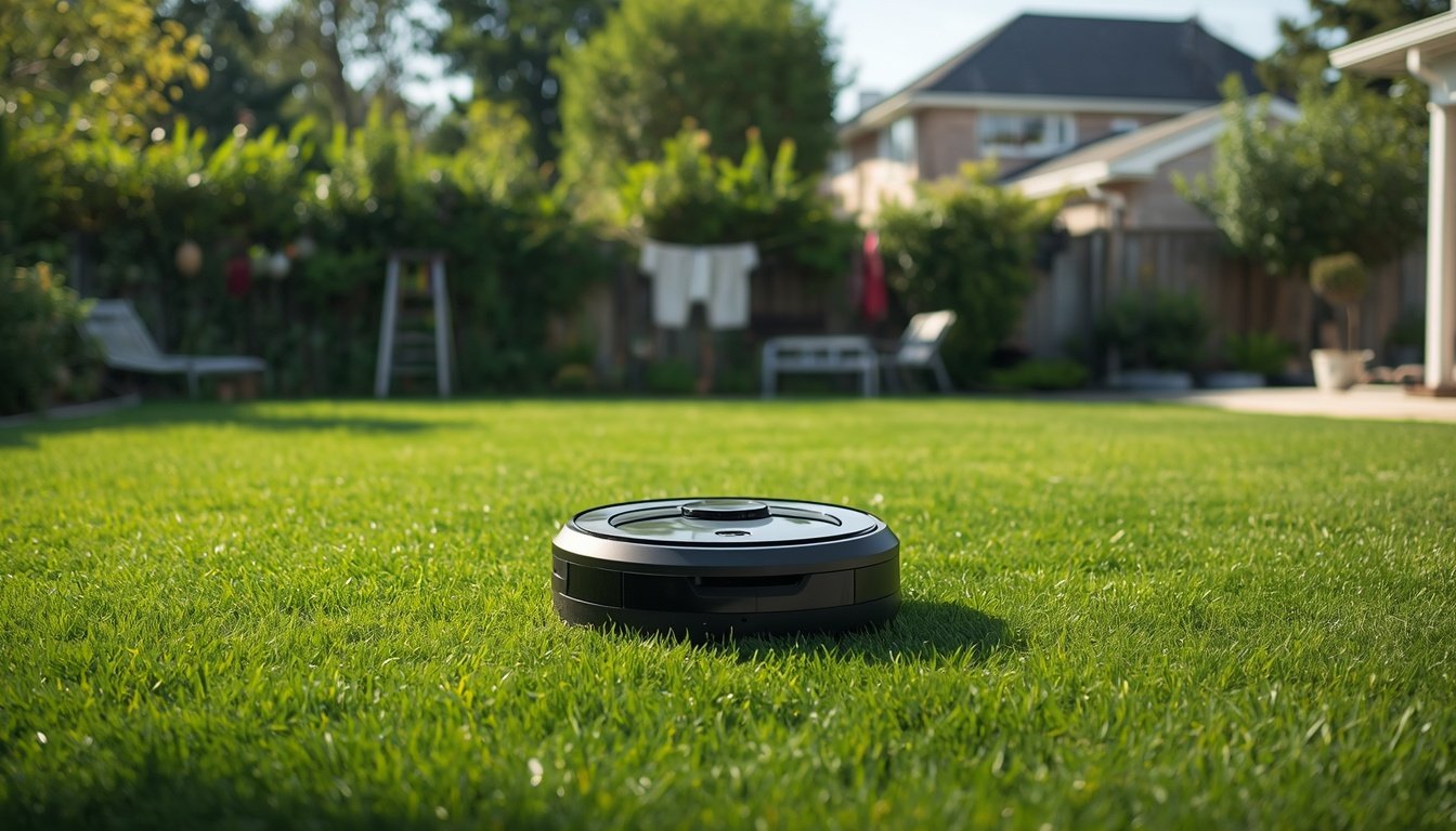 Robot Mower vs Line Trimmer: What Still Needs Manual Work? 2 Robot mower cutting the main lawn while edges still need trimming