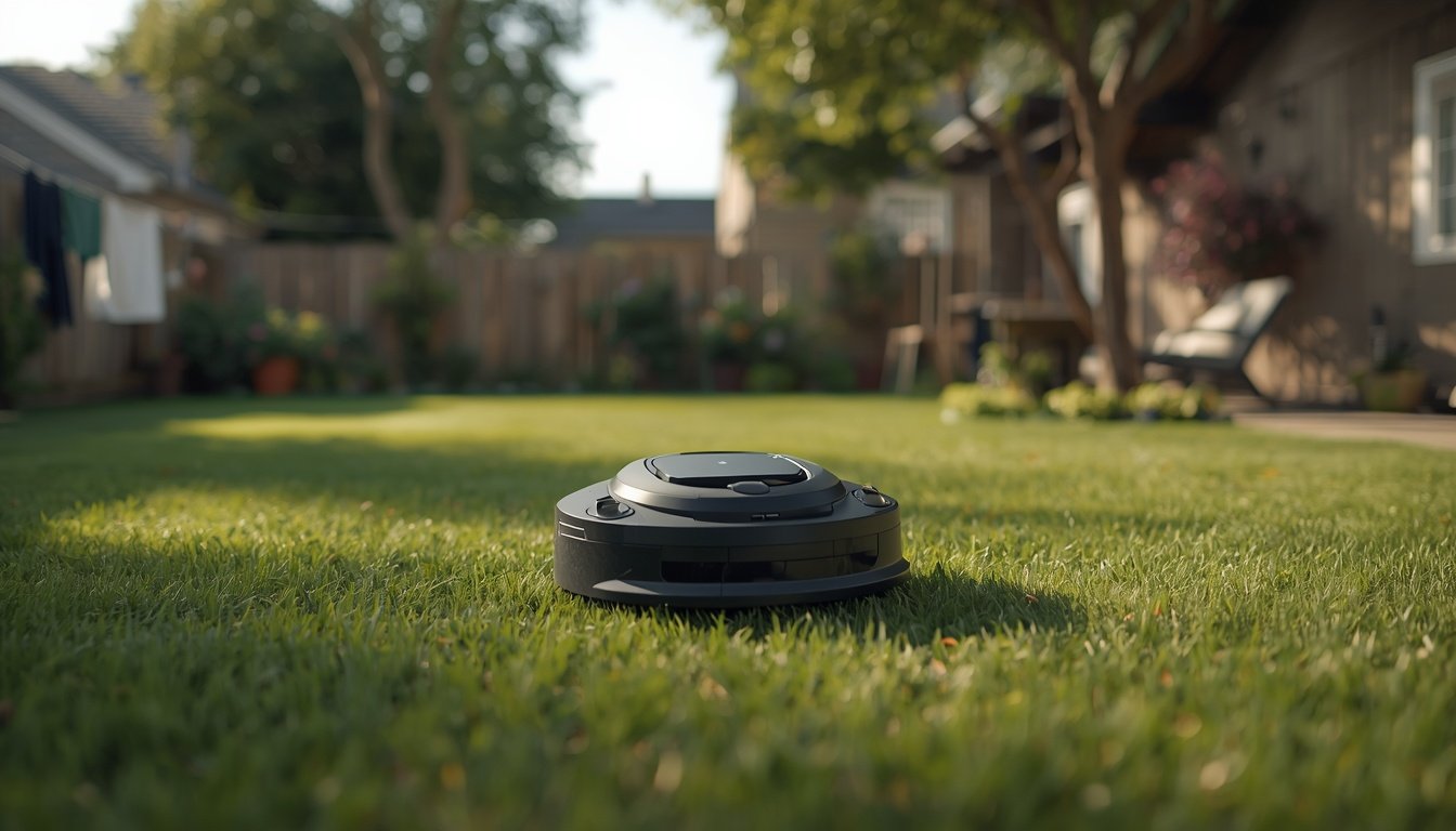 Robot Lawn Mower vs Ride-On Mower 2 Robot lawn mower compared with a ride-on mower on a large lawn