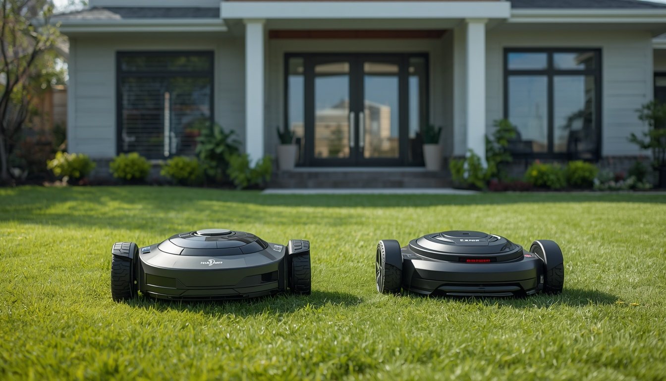 Mammotion vs Segway Navimow 2 Mammotion and Segway Navimow style wire-free robot mowers compared on a suburban lawn