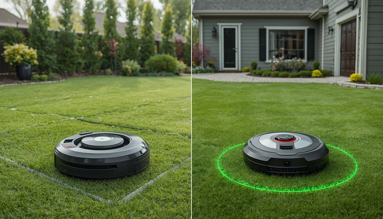 Boundary Wire vs Wire-Free Robot Mowers 2 Boundary wire robot mower setup compared with a wire-free robot mower