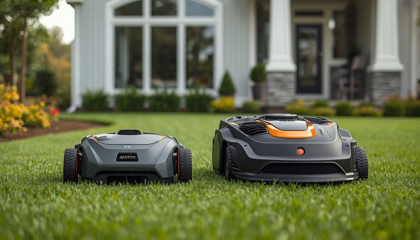 Budget vs Premium Wire-Free Robot Mowers 2 Budget and premium wire-free robot mowers compared on a suburban lawn
