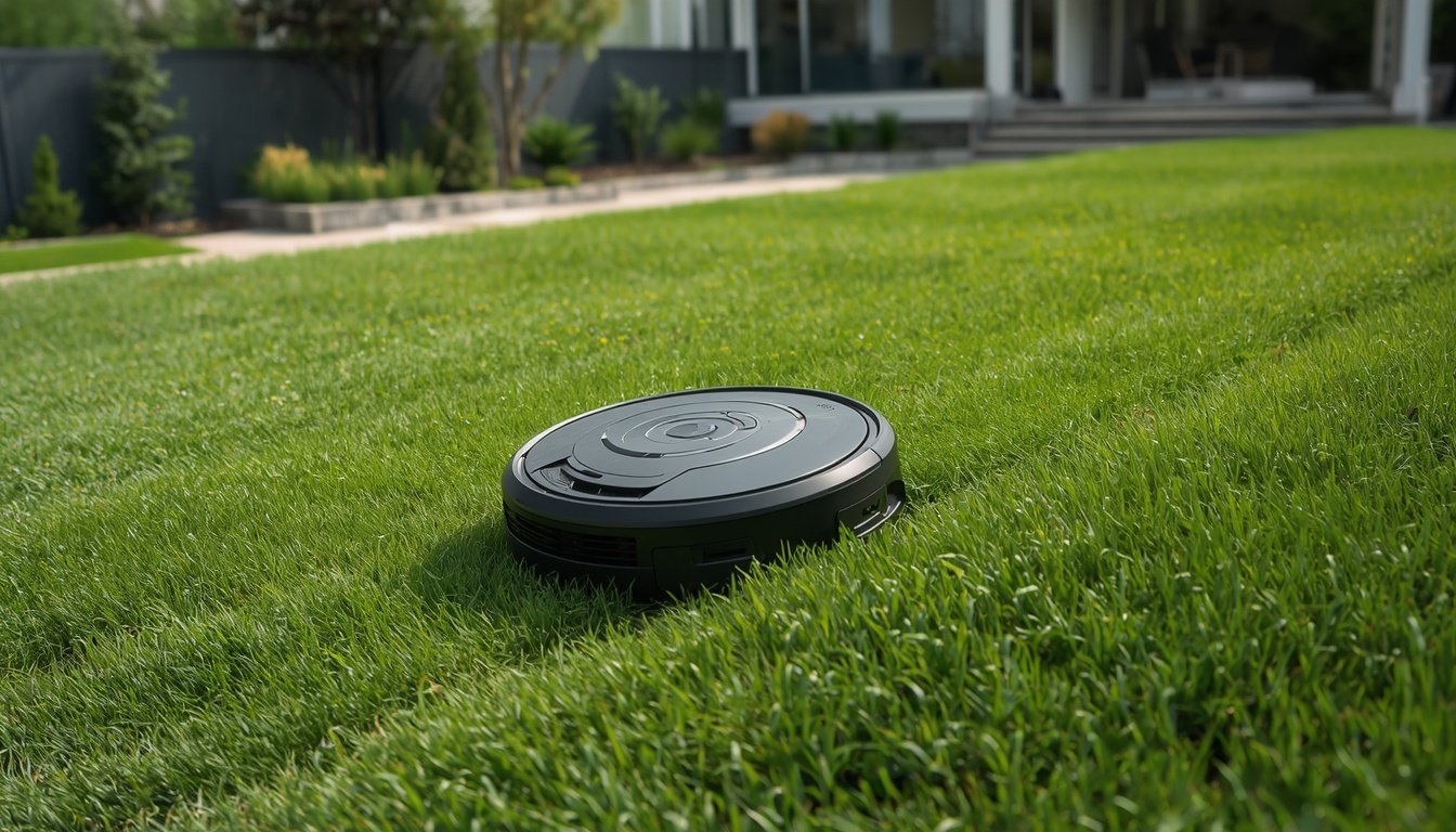 Best Wire-Free Robot Mowers for Sloped Lawns 2 AWD wire-free robot mower climbing a sloped backyard lawn