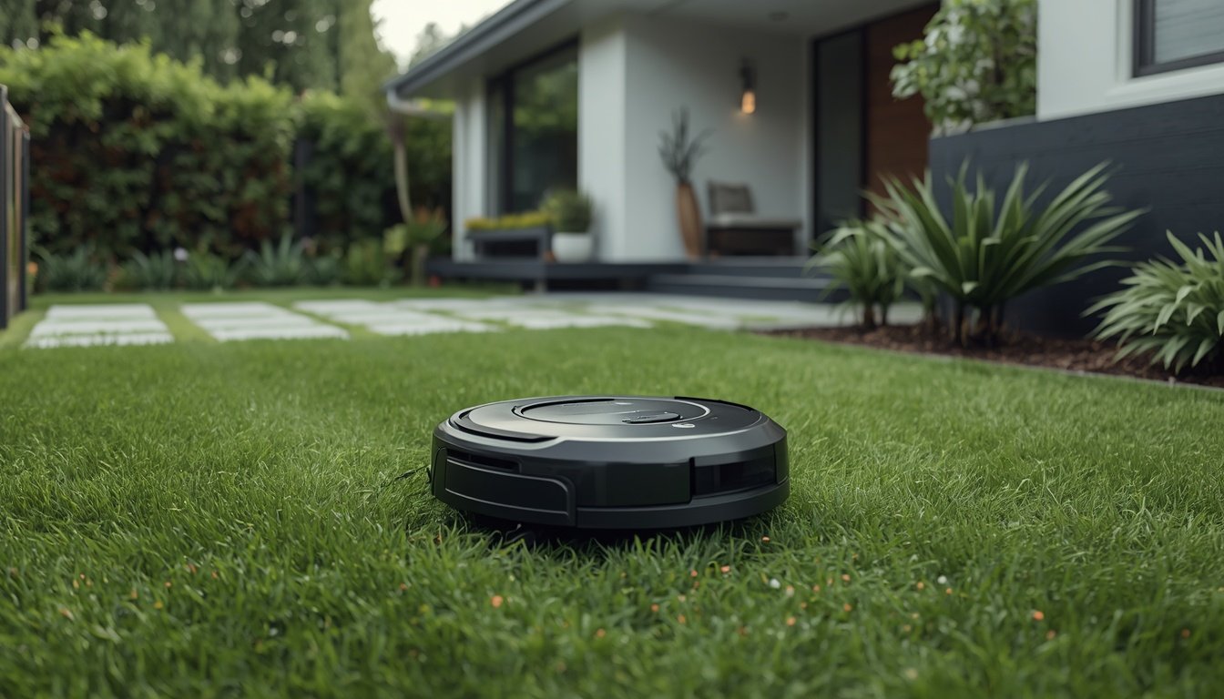 Best Wire-Free Robot Mowers for Small Lawns 2 Compact wire-free robot mower cutting a small suburban lawn