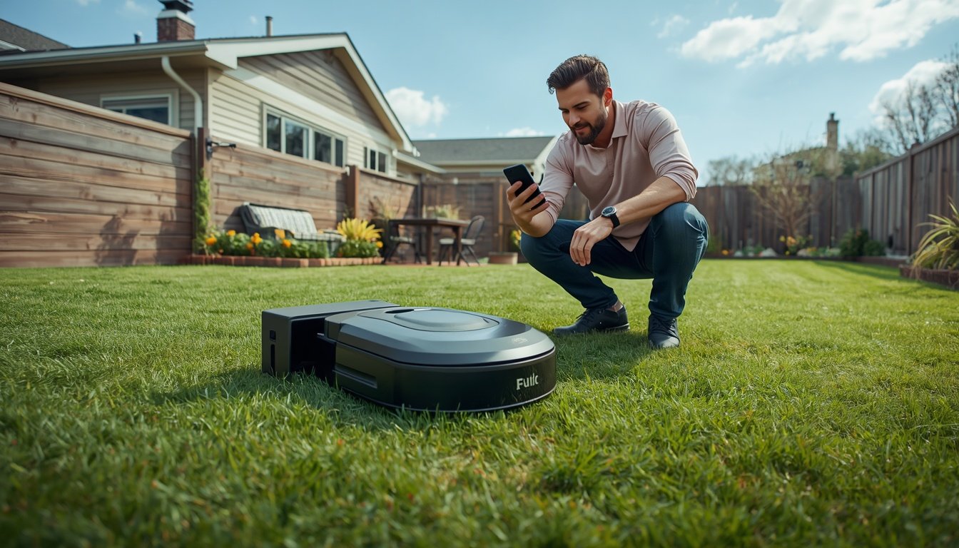 How to Install a Wire-Free Robot Mower 2 Homeowner installing a wire-free robot mower with charging station and app setup