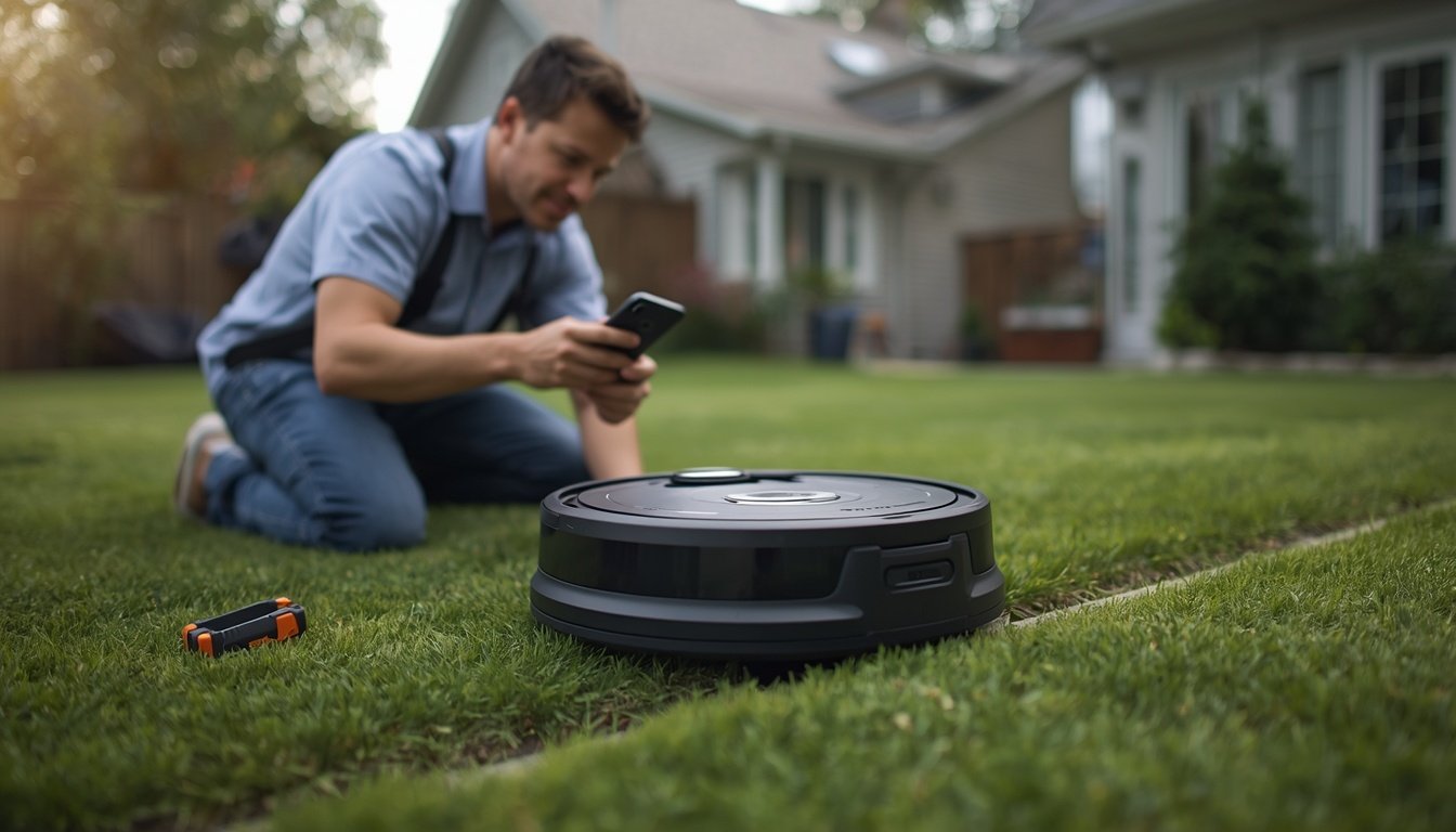 Homeowner troubleshooting a wire-free robot mower stopped near a lawn edge