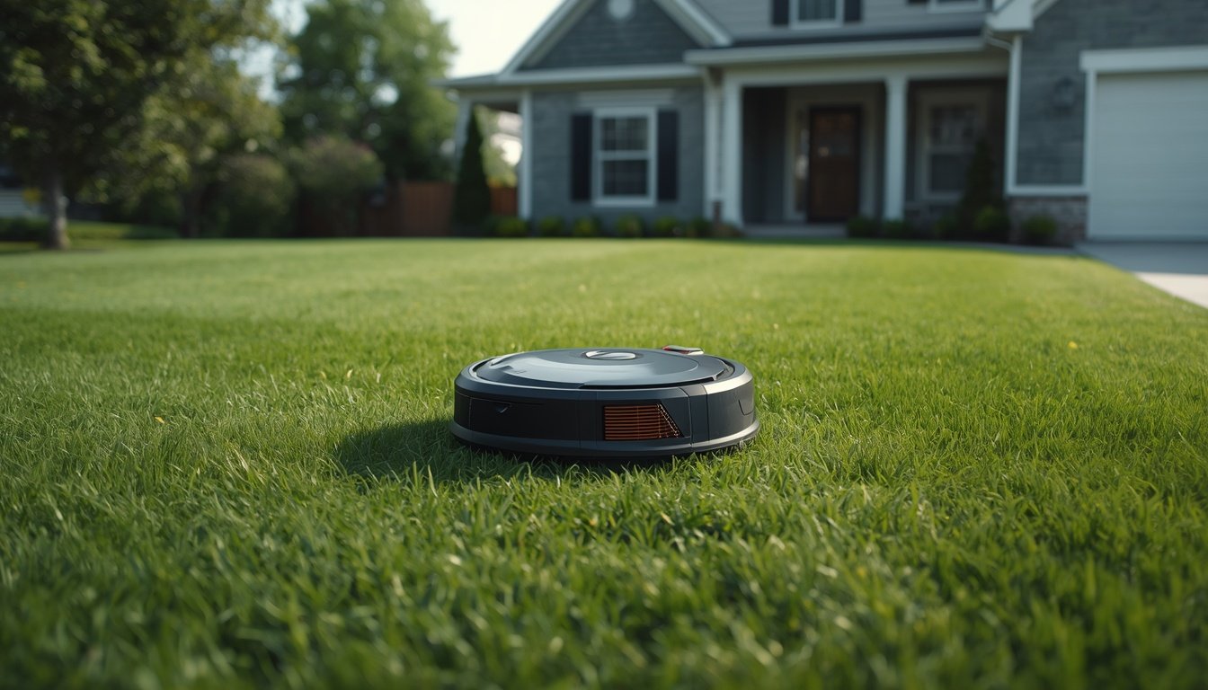 Wire-free robot mower cutting a large suburban lawn
