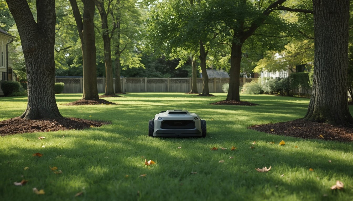 Best Robot Mowers for Lawns With Trees 2 LiDAR robot mower cutting grass around trees in a shaded backyard