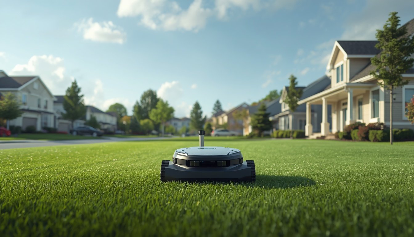 RTK robot lawn mower cutting a suburban lawn with a base station nearby