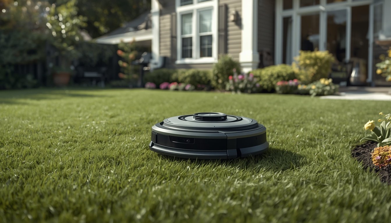 Wire-free robot lawn mower cutting a suburban backyard lawn without boundary wires