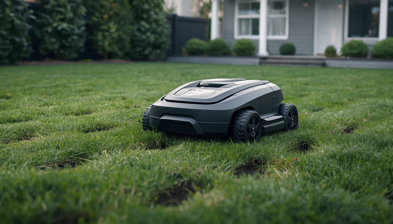 Best Robot Lawn Mowers for Uneven Ground 2 AWD wire-free robot mower cutting an uneven backyard lawn