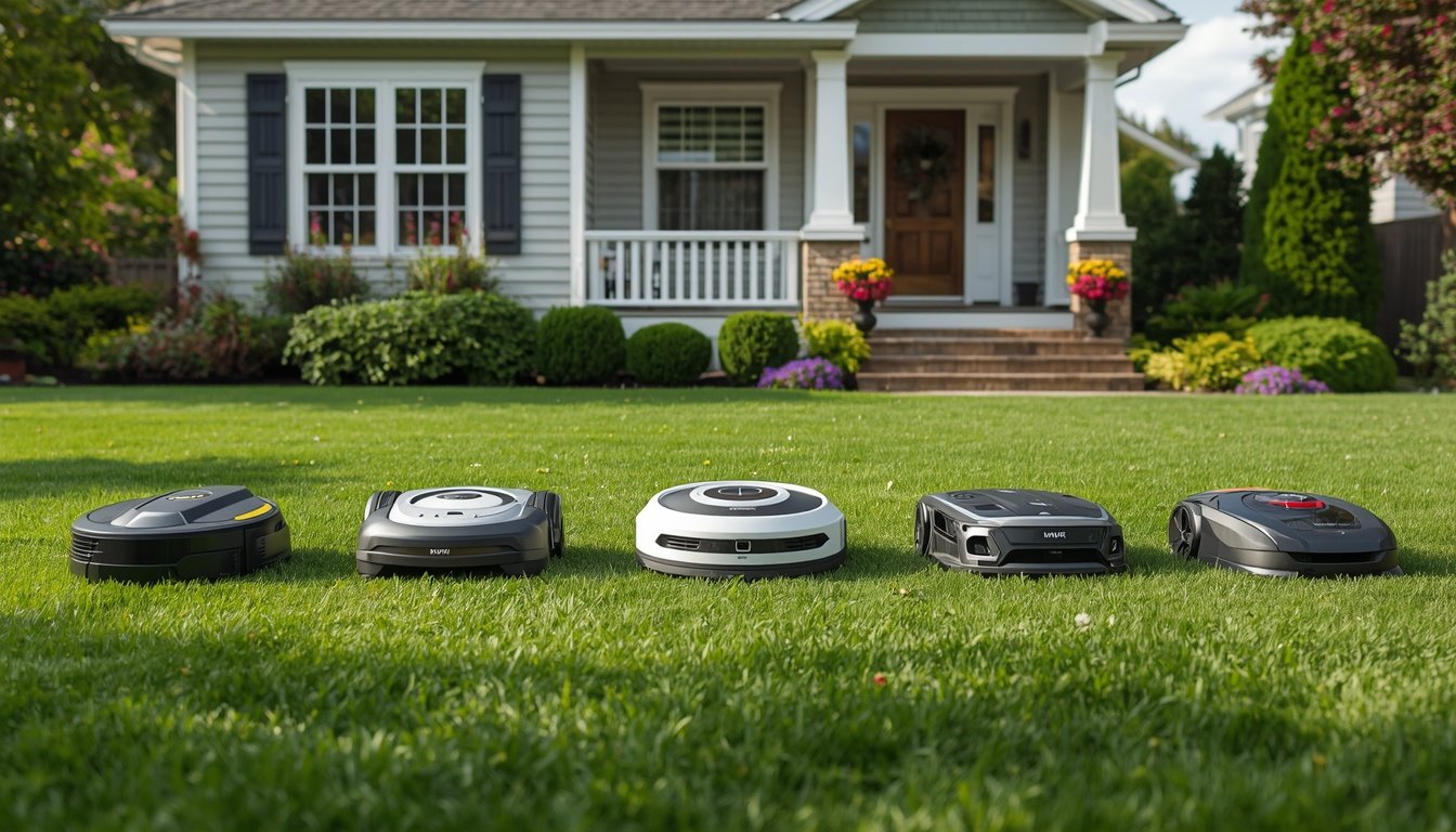 Different wire-free robot mower brands compared on a suburban lawn